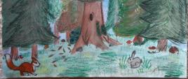 Obrazek przedstawiający fragment lasu, stare, dziuplaste drzewa i zwierzęta