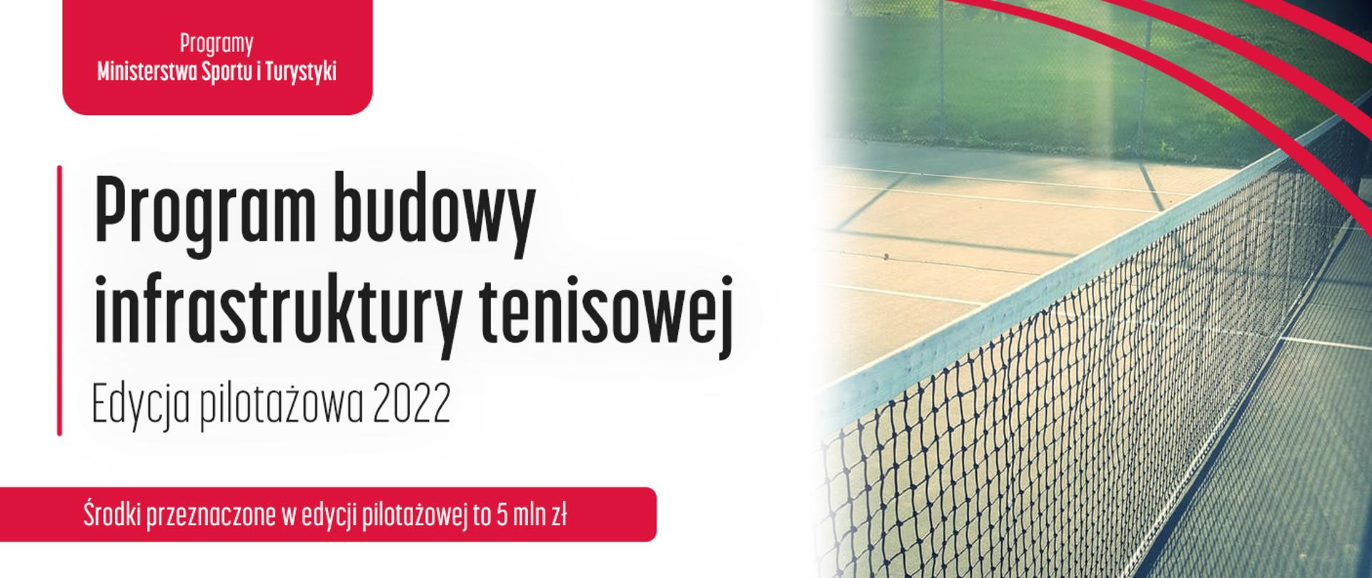 Grafika z napisem Program budowy infrastruktury tenisowej - edycja pilotażowa 2022. Środki przeznaczone w edycji pilotażowej to 5 mln zł