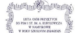 Plakat na białym tle z wpisem" Lista osób przyjętych do PSM I st. im. Andrzeja Kurylewicza w Namysłowie w roku szkolnym 2024/2025" otoczonym ramką z nutkami.