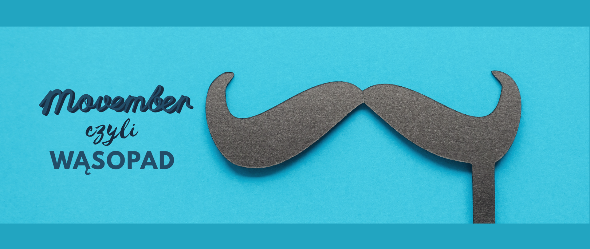 Po lewej stronie napis - movember czyli wąsopad, po prawej namalowane czarne wąsy