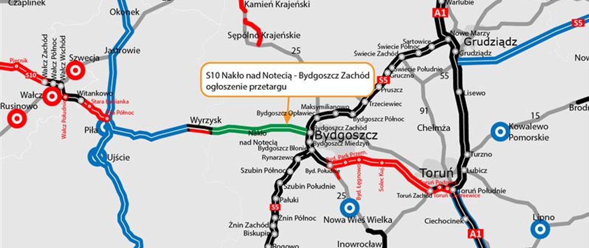 Mapa drogowa przedstawiająca planowane i istniejące odcinki dróg ekspresowych w rejonie Bydgoszczy, Torunia i Piły w Polsce. Na mapie zaznaczone są trasy S10, S5 oraz A1 w różnych kolorach: czerwony (planowane odcinki), zielony (ogłoszenie przetargu), niebieski (istniejące odcinki). W centrum widoczna jest Bydgoszcz, z oznaczeniem „S10 Nakło nad Notecią – Bydgoszcz Zachód ogłoszenie przetargu”. Na mapie znajdują się również nazwy miejscowości, takie jak Nakło nad Notecią, Piła, Toruń, Grudziądz, oraz punkty węzłów drogowych.