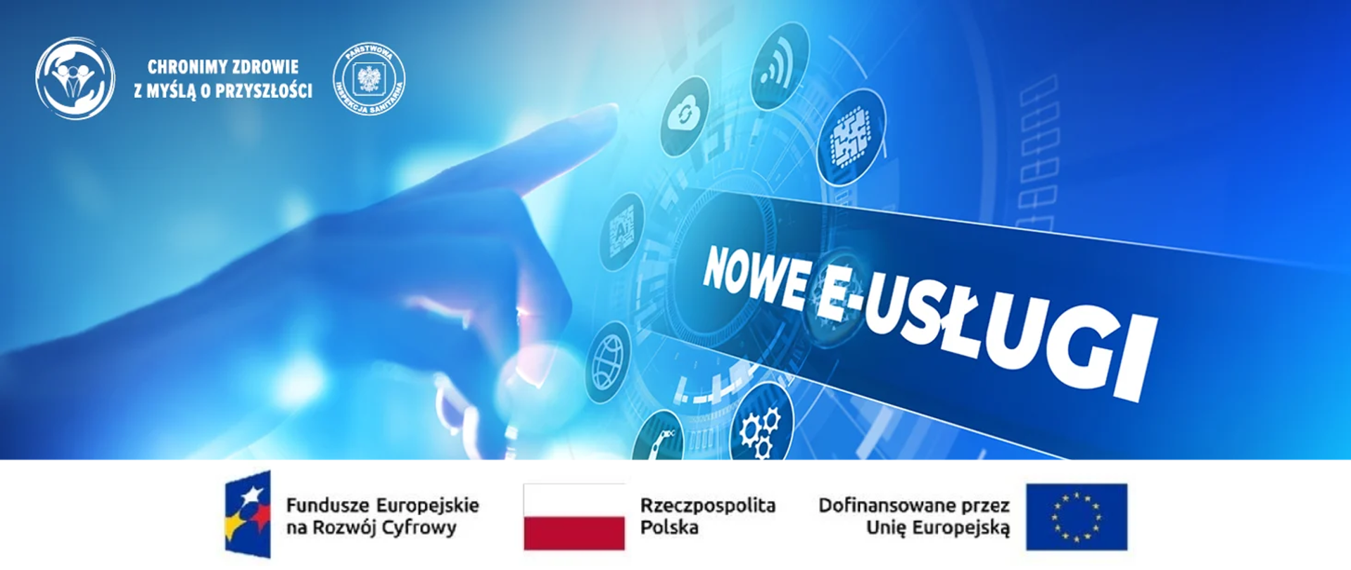 grafika - dłoń wybierająca na ekranie ikonę, obok hasło: Nowe e-usługi i logotypy w ramach projektu unijnego