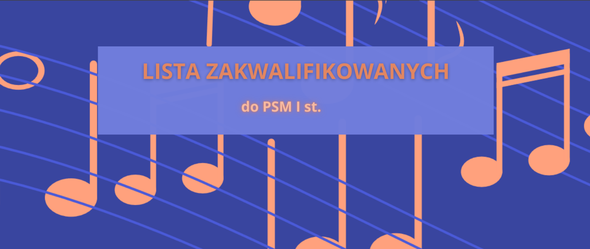 Granatowe tło z pomarańczowymi symbolami nut. W części centralnej niebieski prostokąt z pomarańczowym napisem,.