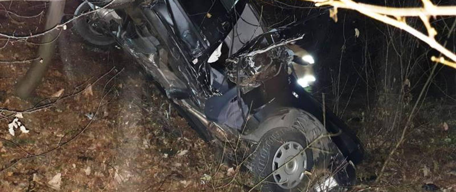 Widok całego rozbitego samochodu od strony pasażera. Wokół rosnące drzewa i krzewy różnej grubości.