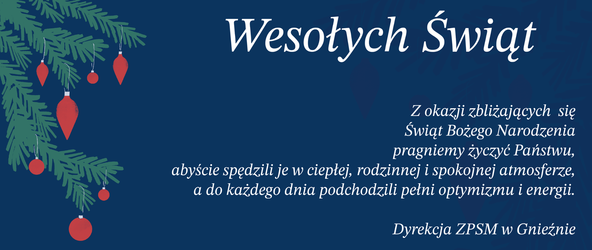 na niebieskim tle z prawej strony życzenia świąteczne z okazji świąt, z prawej strony zielona gałązka choinkowa z czerwonymi ozdobami