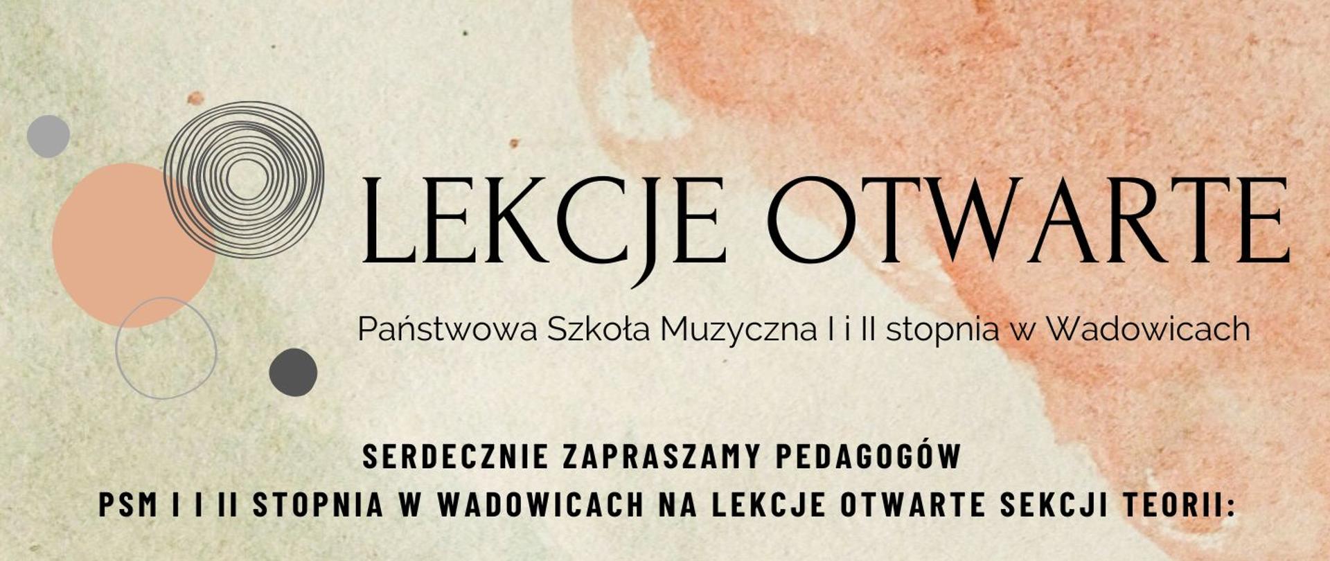 Informacje o lekcja otwartych. 6.05.2023 (sobota), 8.00 – 9.30, Zagadnienie kontrapunktu wielokrotnego na przykładzie XXI Fugi B-dur BWV 866 Johanna Sebastiana Bacha (formy muzyczne w kl V PSM II st.), Magdalena Chmielowska-Malec. 6.05.2023 (sobota), 9.45 – 10.30, Problematyka analizy harmonicznej w klasie V PSM II st.
(na przykładzie Mazurka g-moll op. 67 nr 2 Fryderyka Chopina), Małgorzata Pintal. 10.05.2023 (środa), 18.30 – 19.15, Wpływ solfeżu Emila Jaques-Dalcroze’a na rozwój muzykalności oraz zdolności twórczych uczniów klas I – III szkoły muzycznej I stopnia – wyniki z badań własnych, Anna Budzińska. 15.05.2023 (poniedziałek), 18.30 – 19.15, Solfeż dalcroze’owski - rozwijanie kompetencji twórczych podczas lekcji kształcenia słuchu, Anna Budzińska. 17.05.2023 (środa), 17.00 – 17.45, Jak przyciągnąć i utrzymać uwagę ucznia? Dwugłosowe ćwiczenia rytmiczne w klasie III PSM II st., Małgorzata Pintal. 19.05.2023 (piątek), 16.15 – 17.00, Kształcenie słuchu a historia muzyki. Literatura operowa XIX wieku jako materiał dyktanda muzycznego w kl. V PSM II st., Małgorzata Pintal.