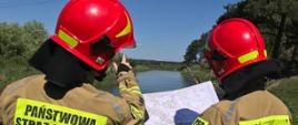 Dwóch strażaków ratowników na terenie kompleksu leśnego, ustalają swoją pozycje geograficzną korzystając z mapy