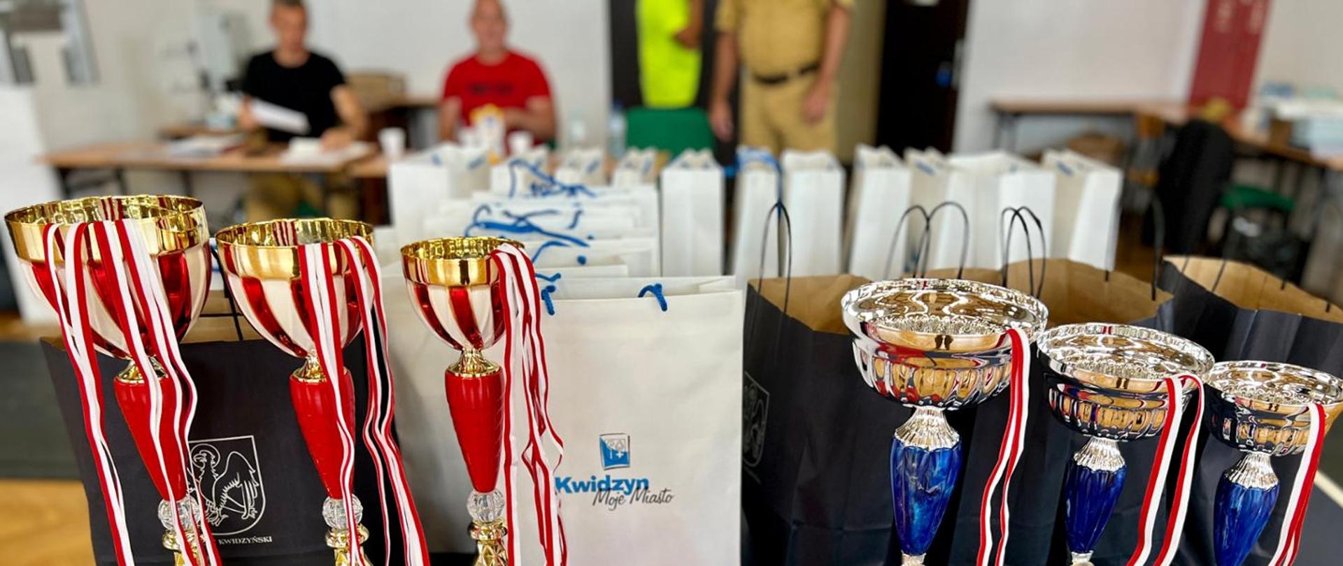 Sześć pamiątkowych pucharów wraz z medalami stojących na stole. Trzy puchary w kolorze czerwonym po lewej stronie stołu, trzy puchary granatowe po prawej stronie stołu. W tle torby pamiątkowe z nagrodami oraz komisja sędziowska. Na torbach napis Kwidzyn Moje Miasto oraz Powiat Kwidzyński. 