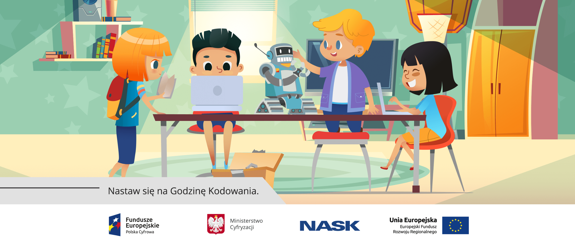 Rysunkowa grupa dzieci, siedzących przy stoliku . Bawią się robotem, dwójka dzieci korzysta z laptopów