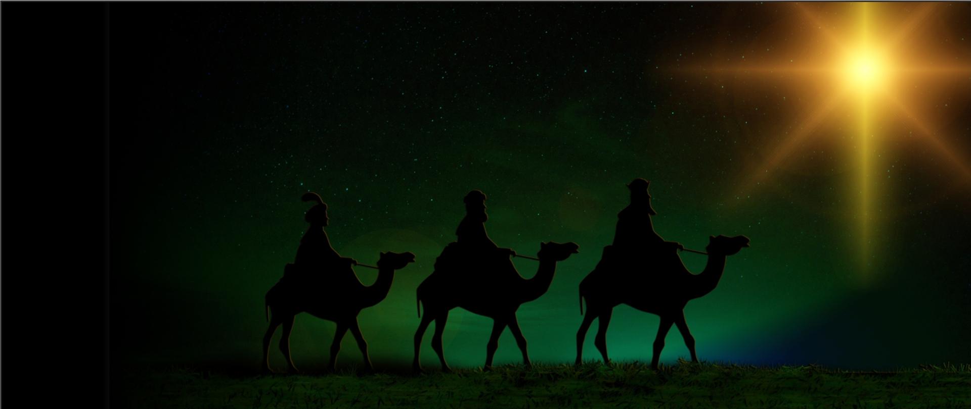 Grafika przedstawia trzech króli podążających za światłem gwiazdy