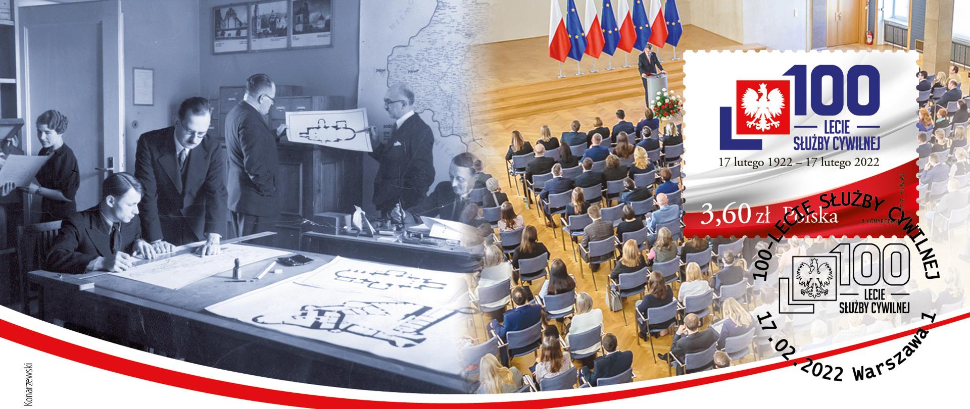 Wzór koperty okolicznościowej - po lewej czarno-białe zdjęcie przedwojennych urzędników przy pracy, po prawej kolorowe zdjęcie współczesnych urzędników podczas uroczystości mianowania; na prawym zdjęciu znaczek pocztowy z logo 100-lecia służby cywilnej oraz pocztowy stempel z datą 17.02.2022.