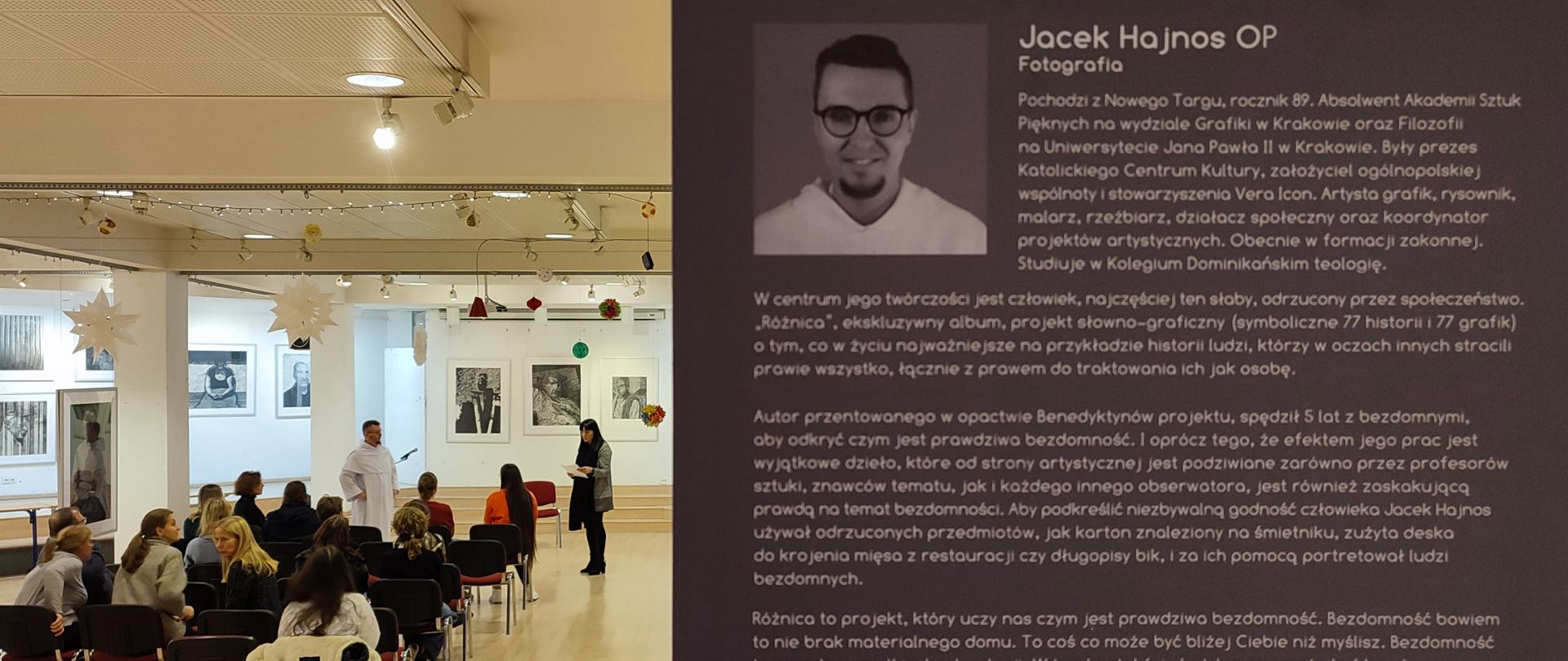 Zdjęcie z wernisażu wystawy - po prawej stronie tablica z informacjami na temat autora - Jacka Hajnosa. Po lewej w tle autor i osoby uczestniczące w wernisażu.