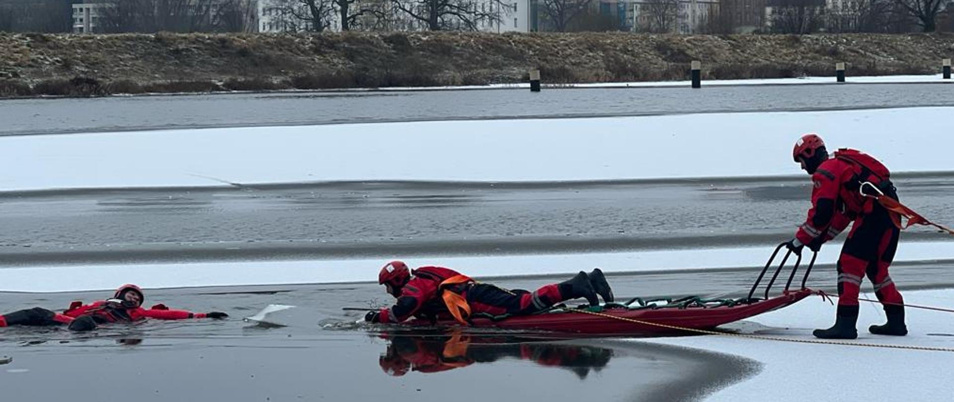 Strażacy ubrani w specjalne ubrania do pracy w wodzie symulujący podjęcie osoby poszkodowanej z obszaru zalodzonego. Strażacy wykorzystują sanie lodowe i są zabezpieczeni linkami. .