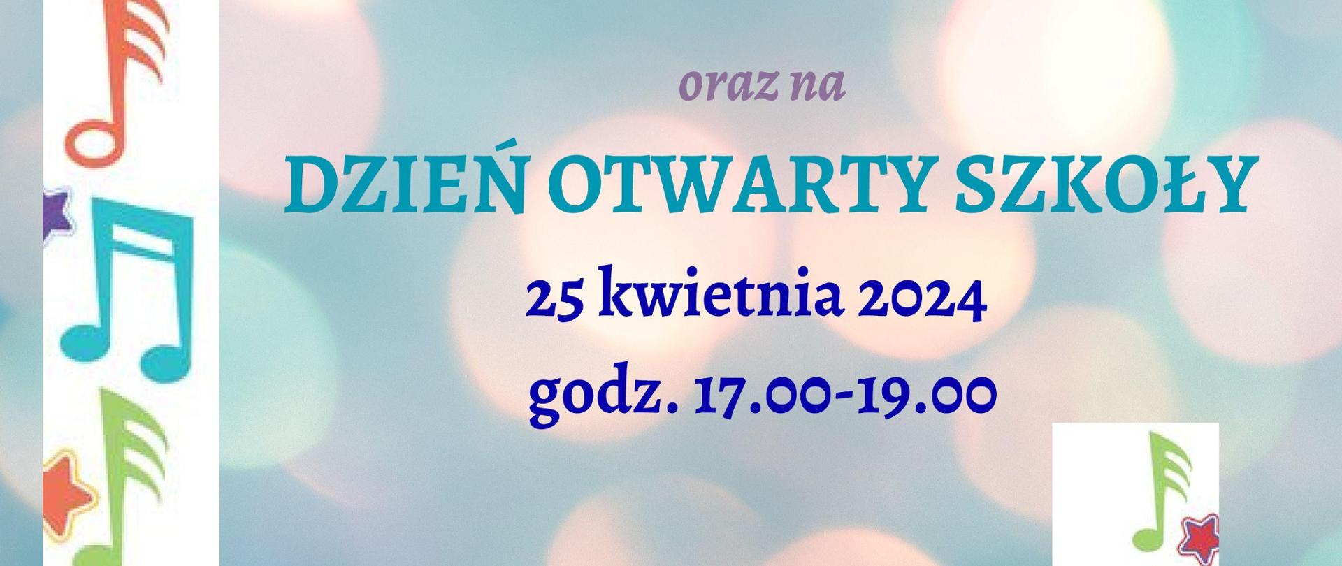 Grafika kolorowa. Niebieski plakat - na nim kolorowe napisy i symbole nut i klucza wiolinowego. Tekst napisów "Państwowa Szkoła Muzyczna I i II st. im. Ignacego Jana Paderewskiego w Słupsku zaprasza dzieci i młodzież do nauki gry na różnych instrumentach zapraszamy na DARMOWE KONSULTACJE tel. 598432861, 690448075 oraz na DZIEŃ OTWARTY SZKOŁY 25 kwietnia 2024 godz. 17.00-19.00"