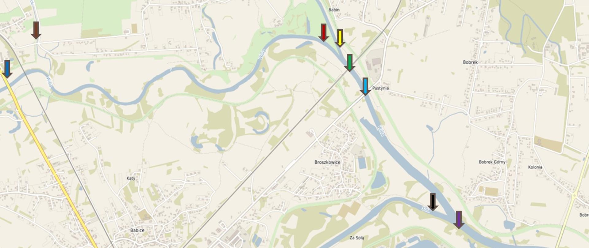 Mapa z zaznaczonymi miejscami pomiaru przyrządem Elmetron CX-461 