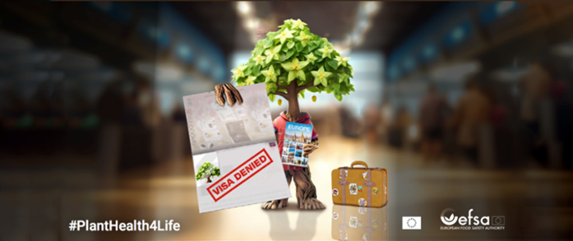 Grafika przedstawia napis #PlanetHealth4Life EFSA i drzewo przedstawione jako osoba podróżująca z nieaktualna wizą