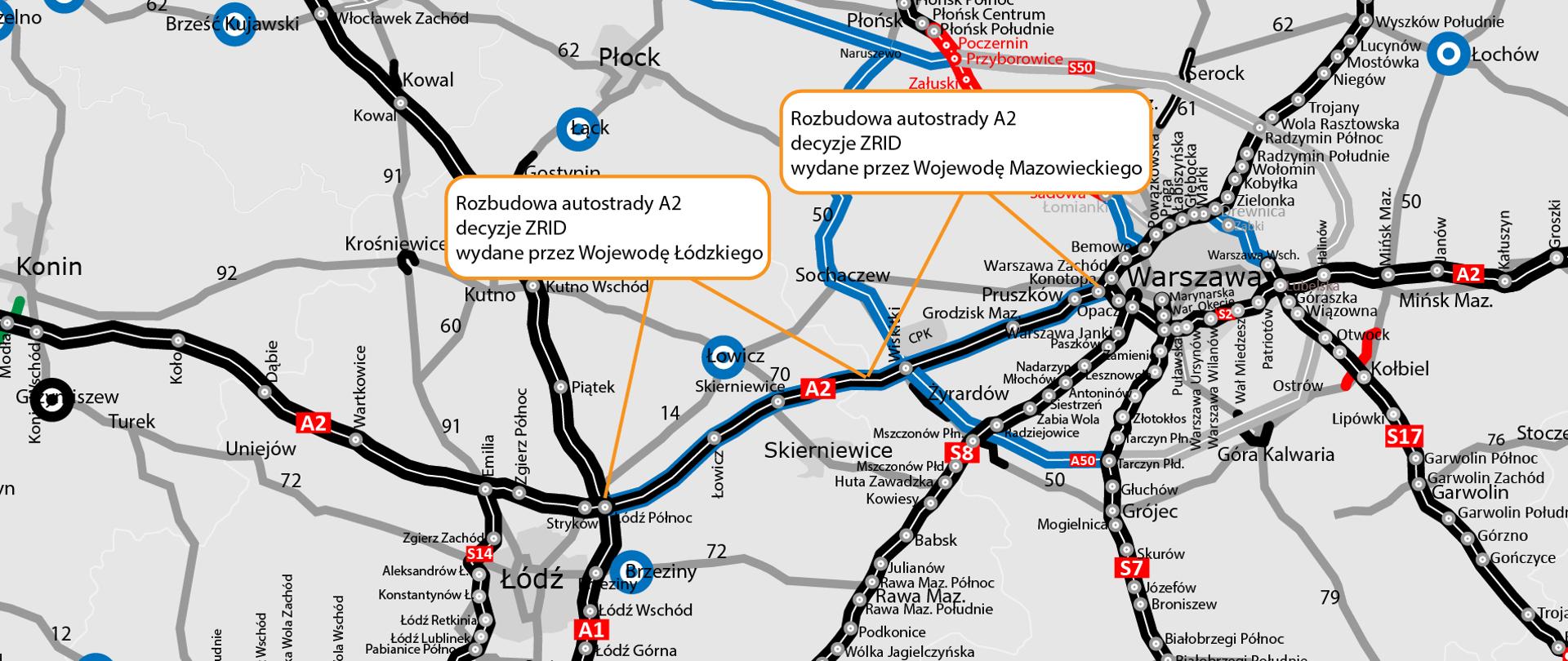 Wycinek mapy Polski z zaznaczonym odcinkiem autostrady A2 pomiędzy Łodzią i Warszawą, który zostanie poszerzony o dodatkowe pasy ruchu. Mamy komplet decyzji ZRID wydanych przez wojewodów: łódzkiego i mazowieckiego.