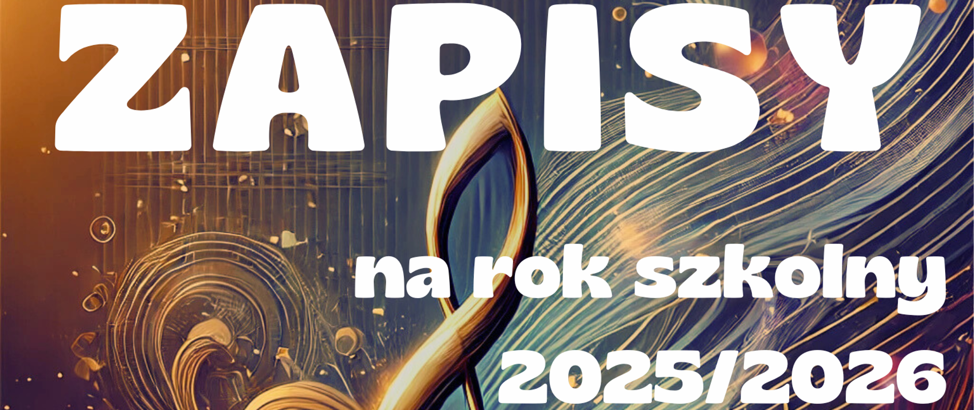Na plakacie widnieje napis 55 lat pasji i muzyki, dołącz do naszej historii, Zapisy na rok szkolny 2025/2026, Więcej informacji tel. 13 4464496, www.gov.pl/psmjaslo, sekretariat@psmjaslo.pl, link do facebooka /muzycznajaslo, Nauka w szkole jest bezpłatna, wypożyczamy instrumenty. Na dole po prawej stronie logo szkoły, w tle klucz wiolinowy i nuty w ciemno-złotej tonacji, z elementami fal