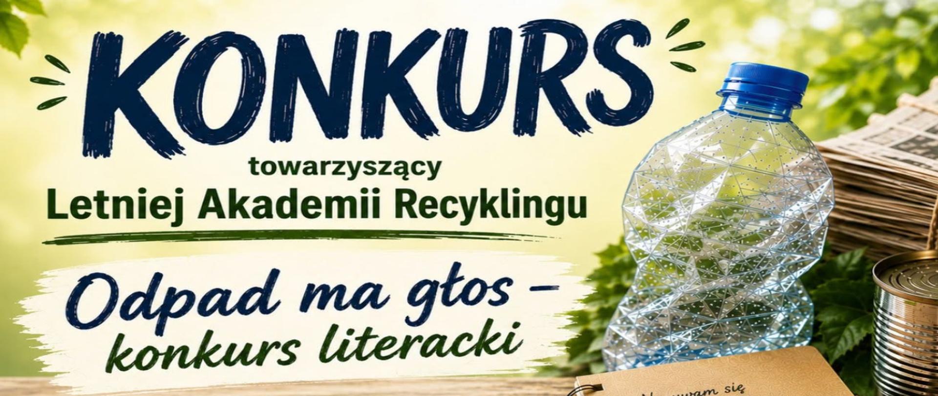 Grafika promująca konkurs towarzyszący Letniej Akademii Recyklingu. Na jasnym, zielonym tle widoczny jest napis: „Odpad ma głos – konkurs literacki”. Po prawej stronie znajdują się plastikowa butelka, puszka, stos makulatury i kartonowy notes, symbolizujące odpady przeznaczone do recyklingu.
