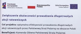 Zdjęcie tablicy informacyjnej projektu pn.: „Zwiększenie skuteczności prowadzenia długotrwałych akcji ratowniczych”. 