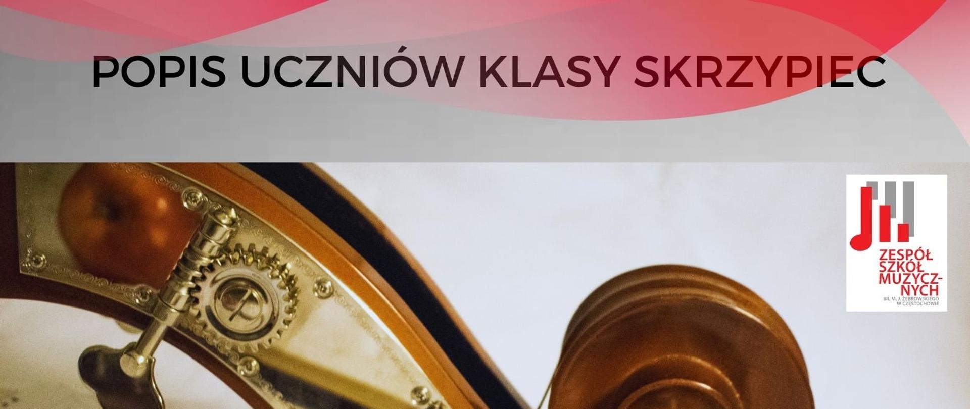 Różowo szare tło z motywem skrzypiec, tekst dotyczący popisu klasy skrzypiec 20 marca 2025 r.