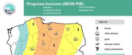Na grafice znajduje się mapa Polski z zaznaczonymi obszarami prognozowanych burz.
