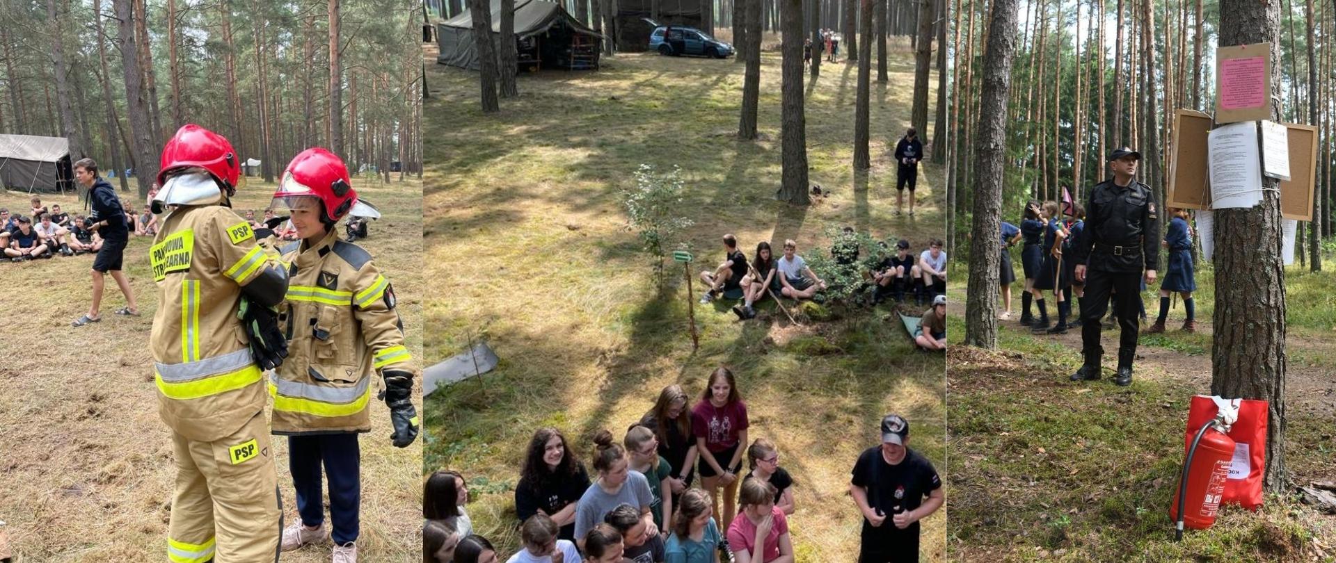 Kolaż zdjęć z wizyt strażaków na obozach harcerskich