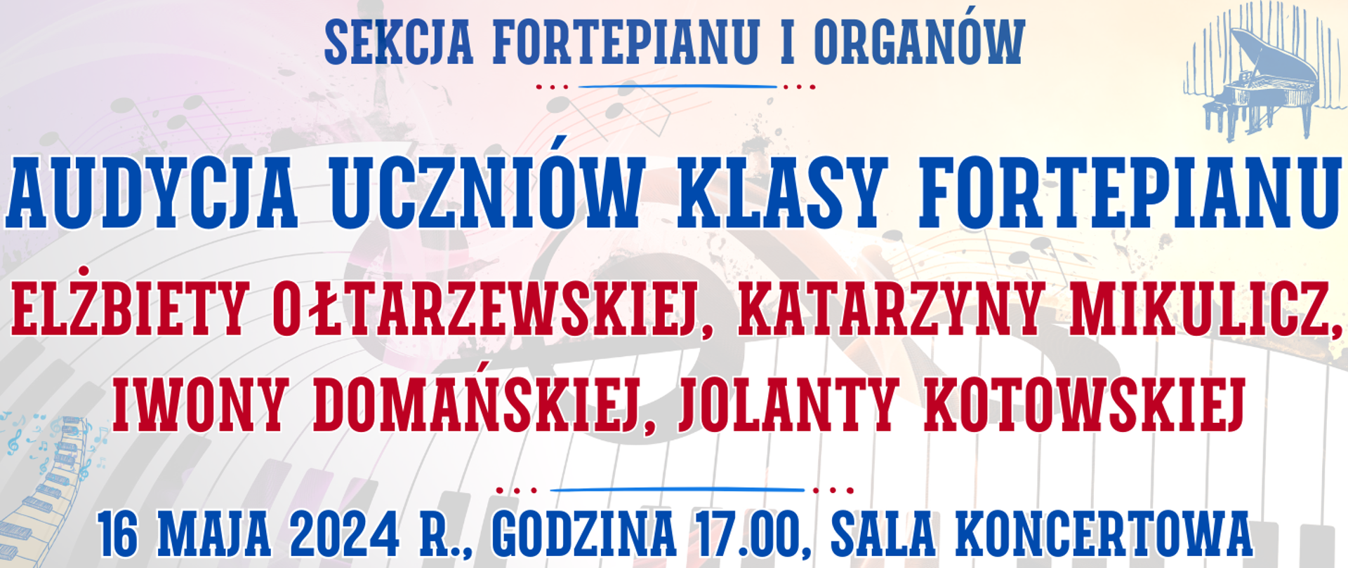 kolorowe tło z muzycznymi elementami fortepianu typu clipart oraz informacja o wydarzeniu