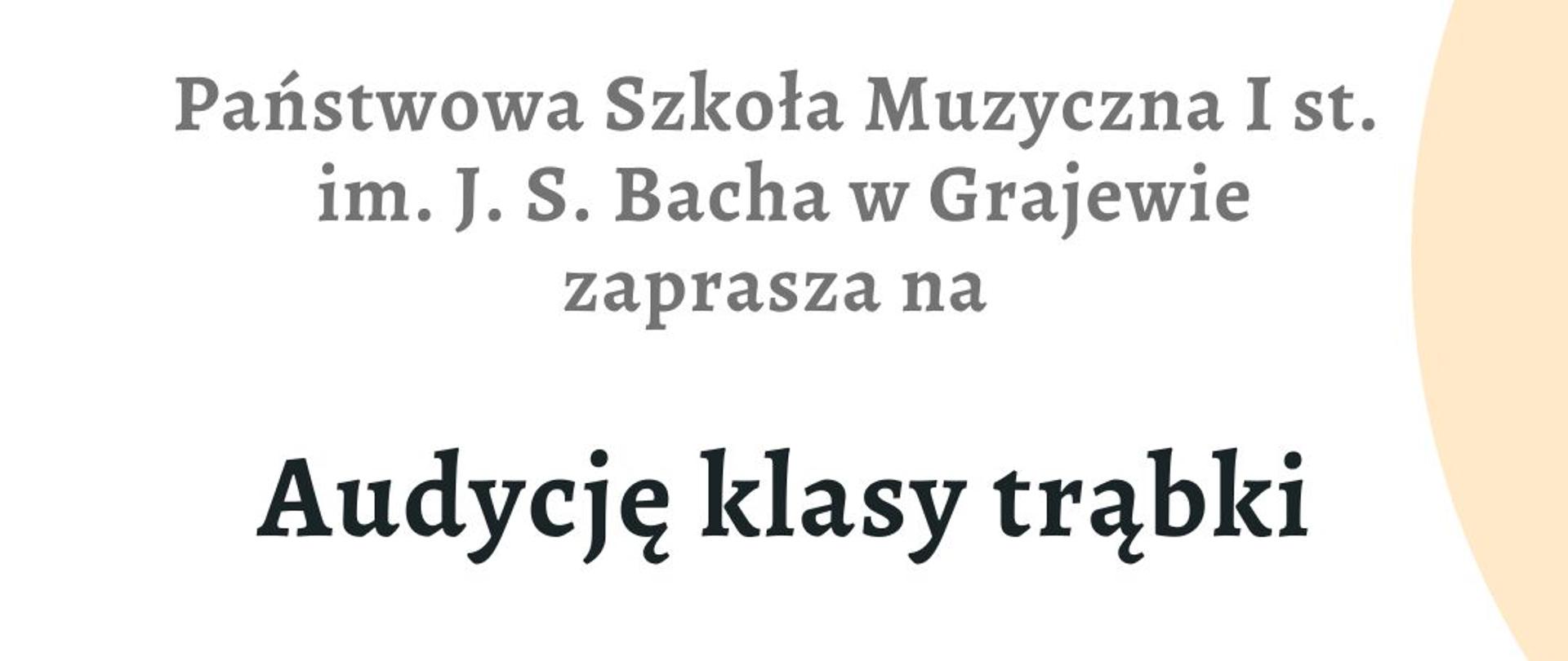 Plakat z informacją o audycji klasy trąbki p. Grzegorza Karpowicza. U dołu rysunek trąbki oraz nutek w żółtym kolorze. 
