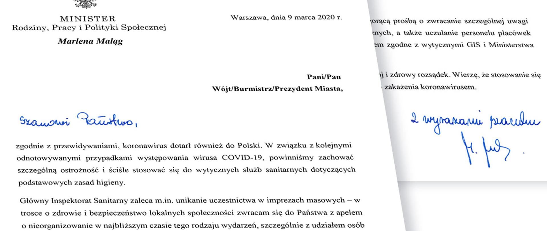 List minister Marleny Maląg dot. koronawirusa.