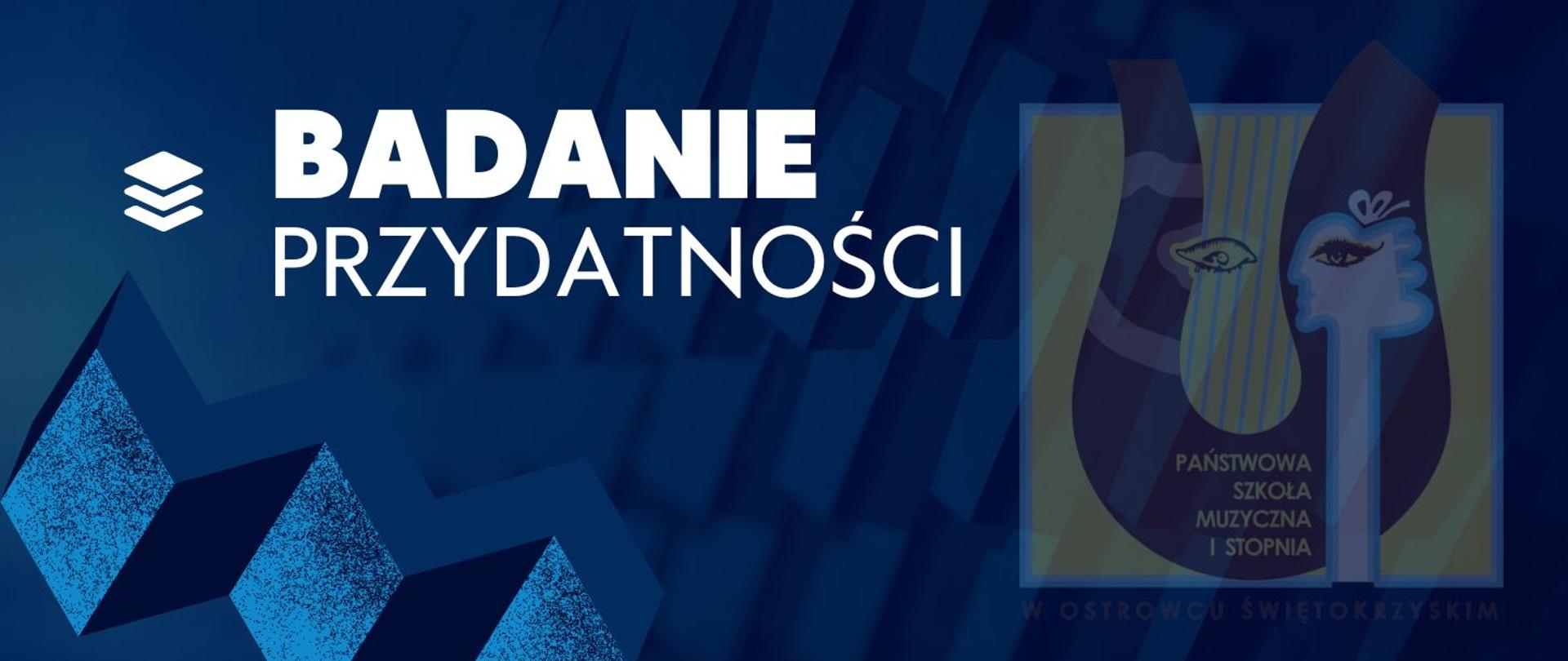 białe napisy na niebieskim tle z logo szkoły muzycznej w kolorze żółto-brązowym