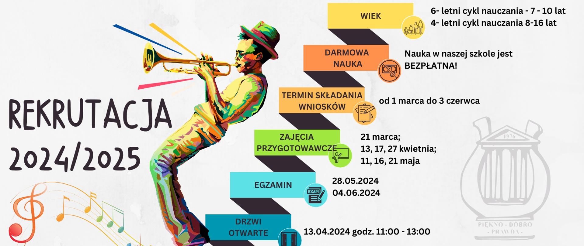 W górnej części na wąskim niebieskim pasku nazwa szkoły, w dolnej części na takim samym pasku dane kontaktowe do szkoły (adres, telefon, email, strona internetowa, facebook). W centralnej części od środka do lewej kolorowy rysunek trębacza, czarny napis rekrutacja 2024/2025, pod nimi kolorowy rysunek zapisu nutowego. Od środka do prawej najważniejsze informacje: wiek, darmowa nauka, termin składania wniosków, zajęcia przygotowawcze, egzamin, drzwi otwarte, instrumenty oraz znak wodny logo szkoły.