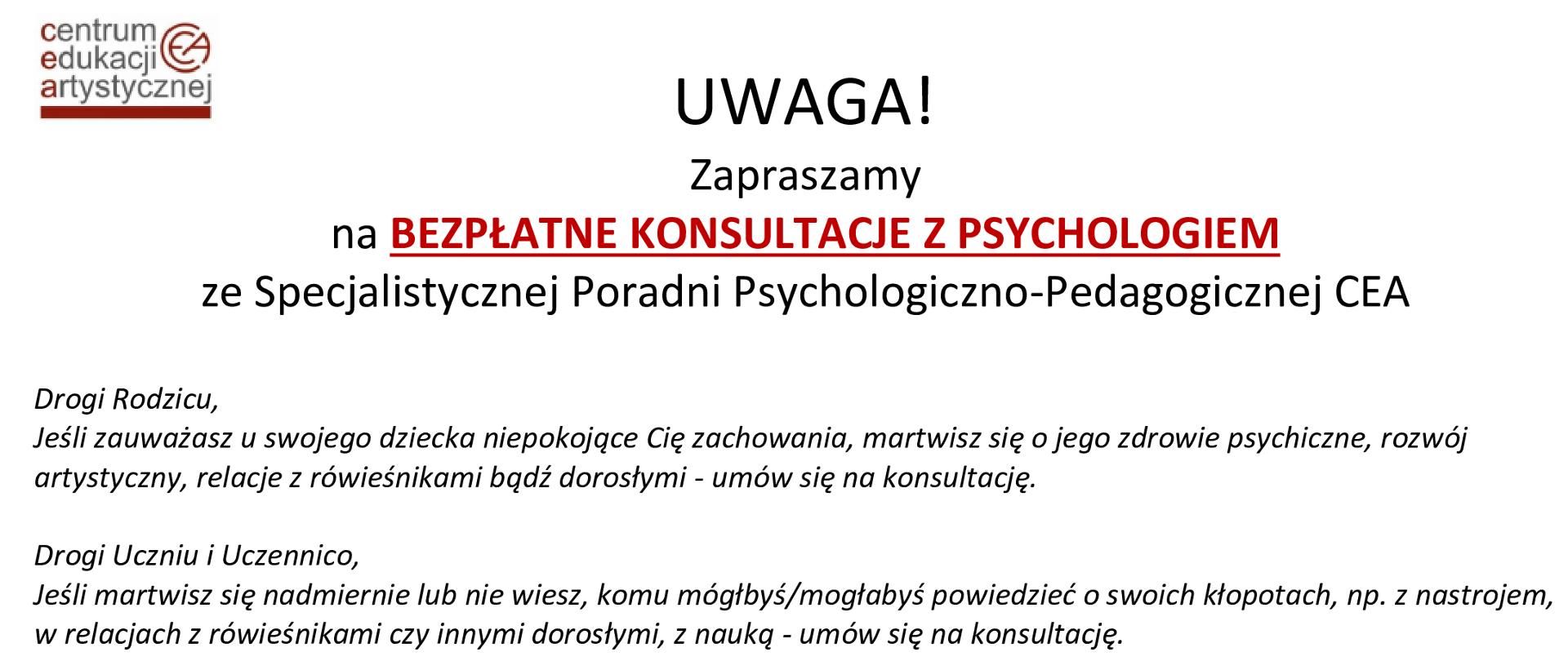 Na białym tle umiejscowione jest logo organizatora a w centralnej części od góry informacje organizacyjne: temat warsztatów, termin, miejsce oraz informacje o prowadzącym a także treść zaproszenia skierowana do rodziców uczniów i uczniów.
