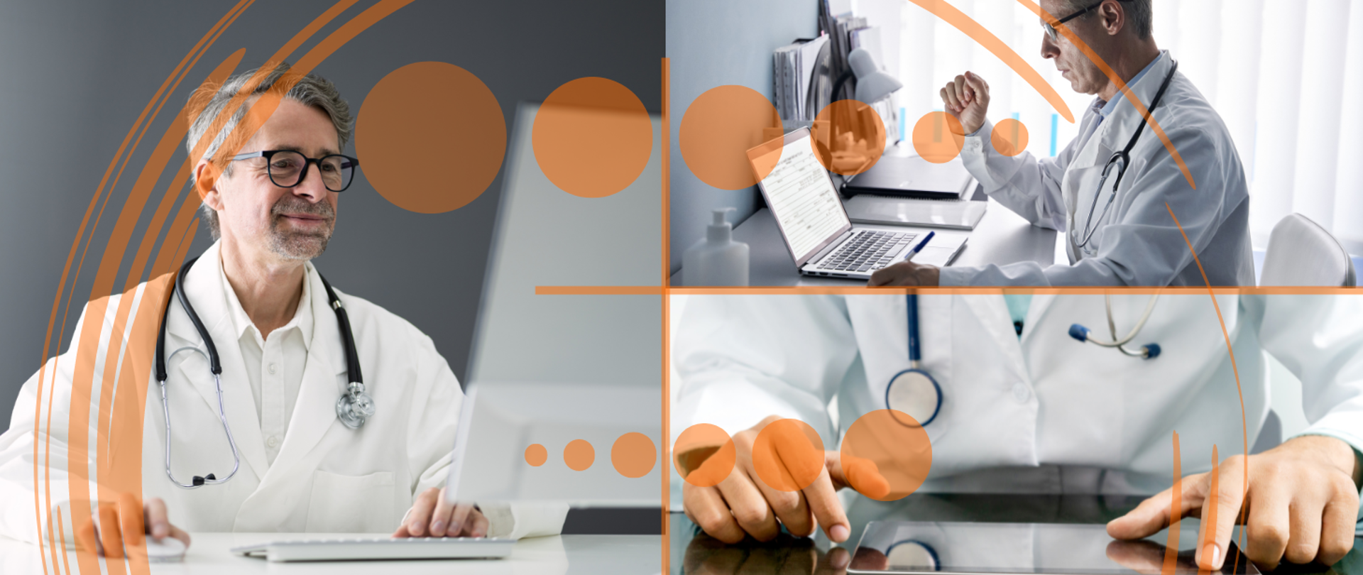 Ilustracja zawiera trzy zdjęcia lekarzy pracujących przy komputerach i na tablecie.