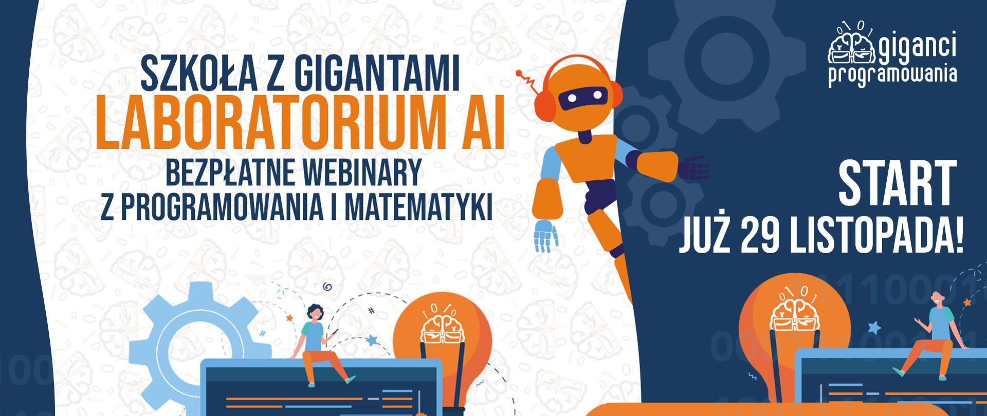 Baner informacyjny – Grafika z tekstem „Szkoła z Gigantami - Laboratorium AI”, bezpłatne webinaria z programowania. Start już 29 listopada