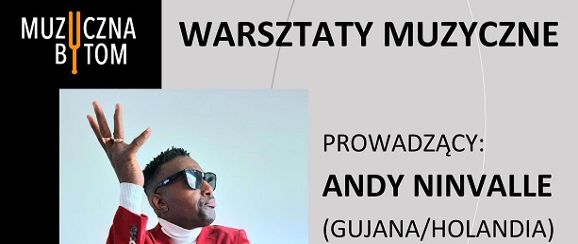 Plakat. Na poziomym czarnym tle logo szkoły oraz dane teleadresowe szkoły. Na poziomym szarym tle hasło: warsztaty muzyczne oraz dane dot. prowadzącego, terminu, tematu wykładu oraz uczniów, którzy biorą udział w warsztatach.