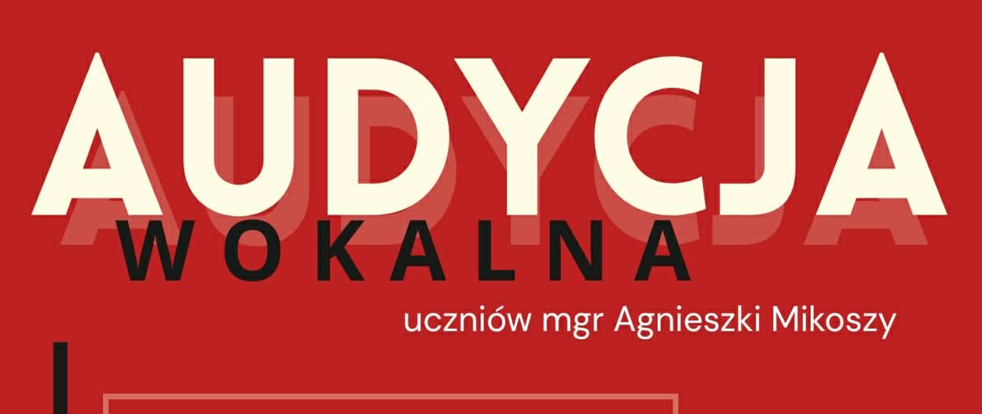 Plakat o intensywnym czerwonym tle z nowoczesną, geometryczną kompozycją. Dolną część zajmuje czarno-białe zdjęcie fortepianu z efektownym powieleniem (lustrzanym odbiciem). W centrum znajdują się nakładające się na siebie abstrakcyjne ramki oraz dynamiczne pionowe i ukośne linie w kolorach czarnym i białym.
