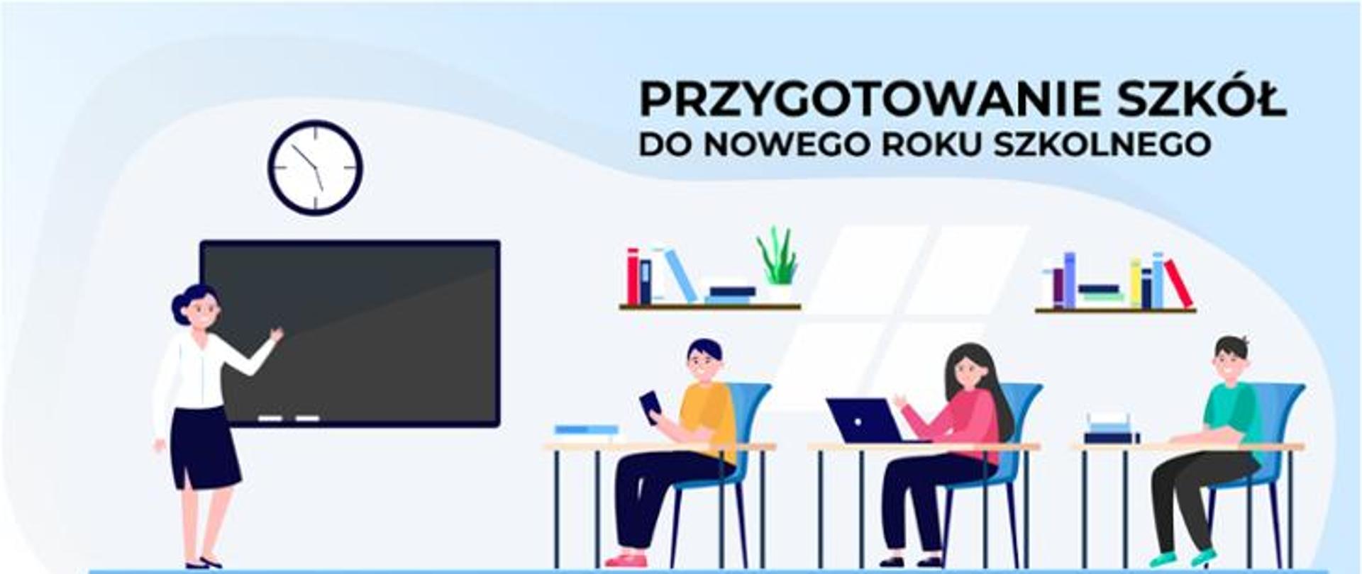 Grafika przedstawiająca uczniów przygotowujących się do nowego roku szkolnego.