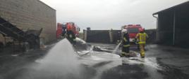 Zdjęcie przedstawia pożar składowiska opału w Bukownicy, Na zdjęciu widzimy strażaków dogaszających wywieziony z pomieszczenia przez ładowarkę tlący się opał. Zdjęcie wykonane w porze porannej na terenie zakładu.