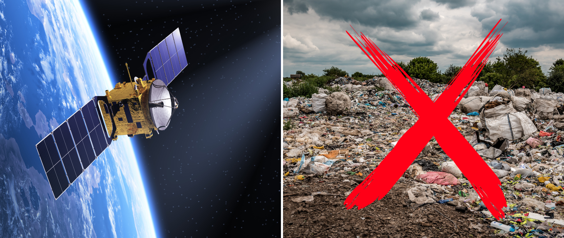 Grafika przedstawiająca po lewej stronie satelitę, po prawej stronie wysypisko odpadów z czerwonym znakiem przekreślenia.