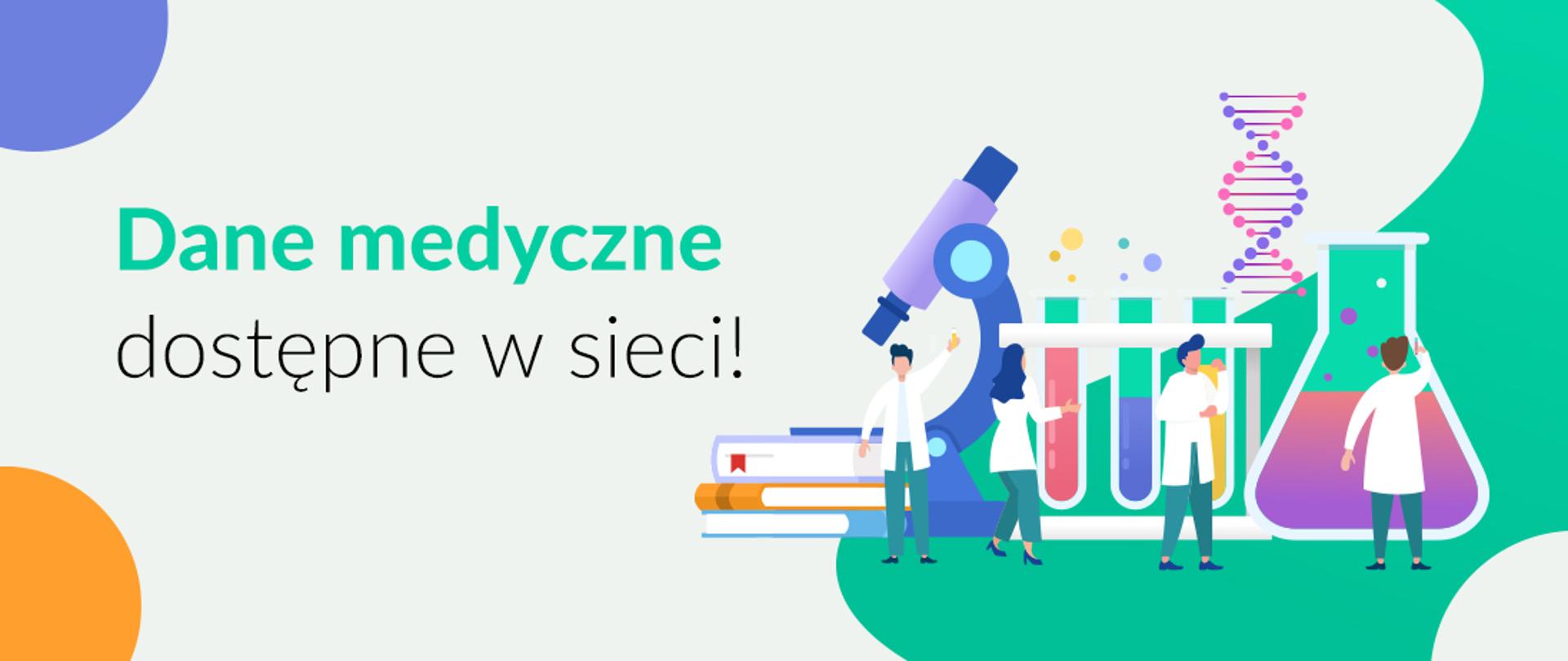Baner o treści: dane medyczne dostępne w sieci. Przedstawia laboratorium - widoczne próbówki, mikroskop.