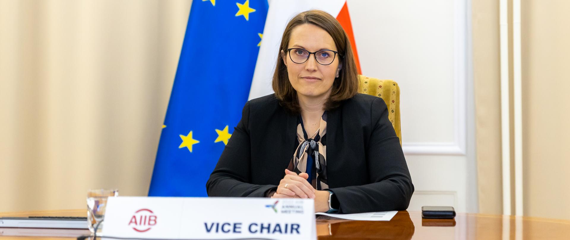 Minister finansów Magdalena Rzeczkowska na tle flagi UE