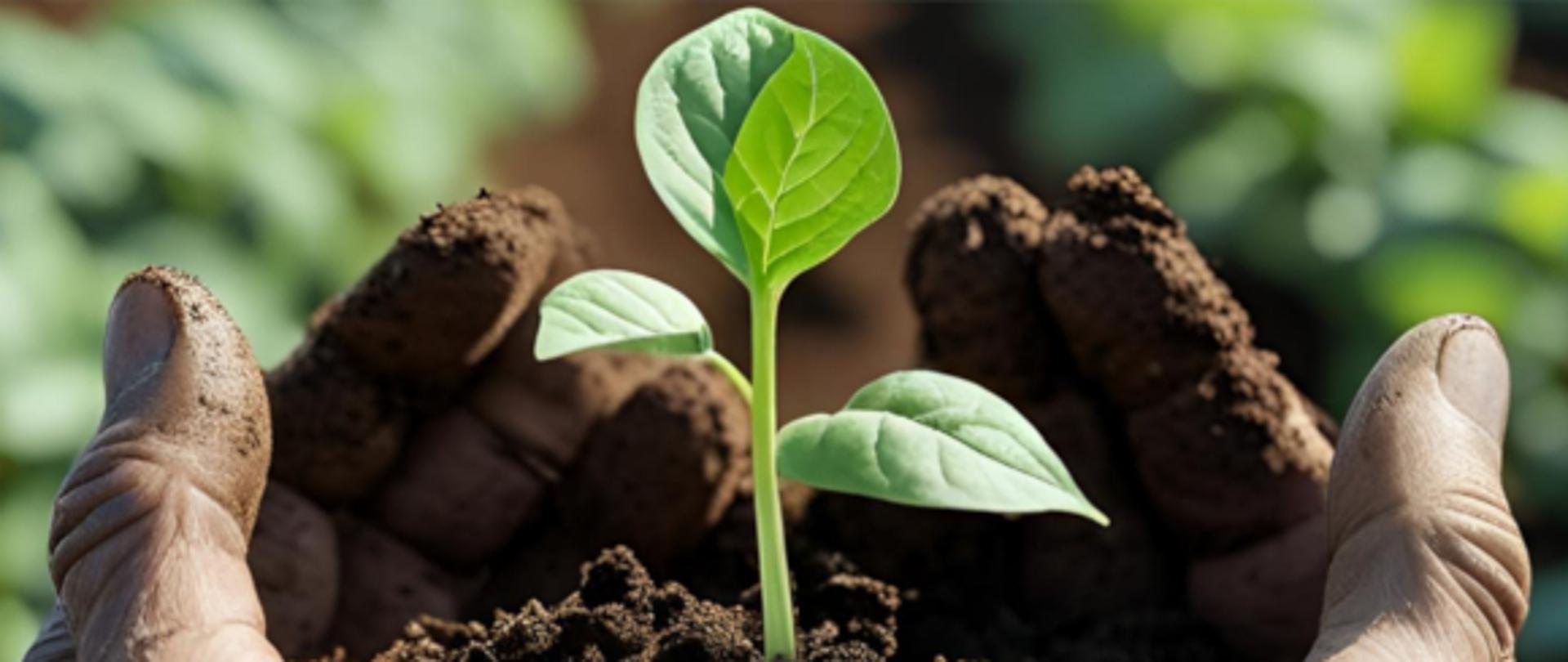 Dłonie trzymające młodą zieloną roślinę wyrastającą z ziemi.