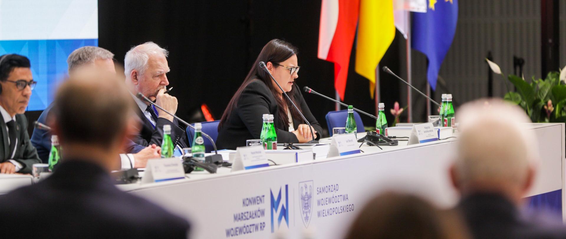 W sali obrad przy stole siedzi grupa osób. Pierwsza z prawej wiceminister Małgorzata Jarosińska-Jedynak. Za plecami osób duży ekran. Obok flagi.