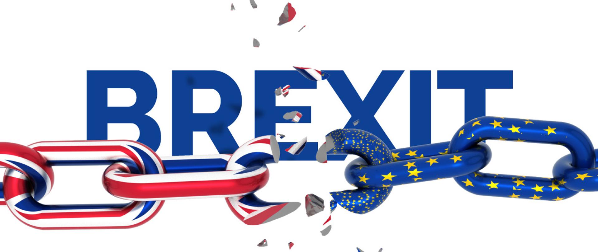 Przerwany łańcuch w kolorach flag Wielkiej Brytanii i UE, w tle napis BREXIT.