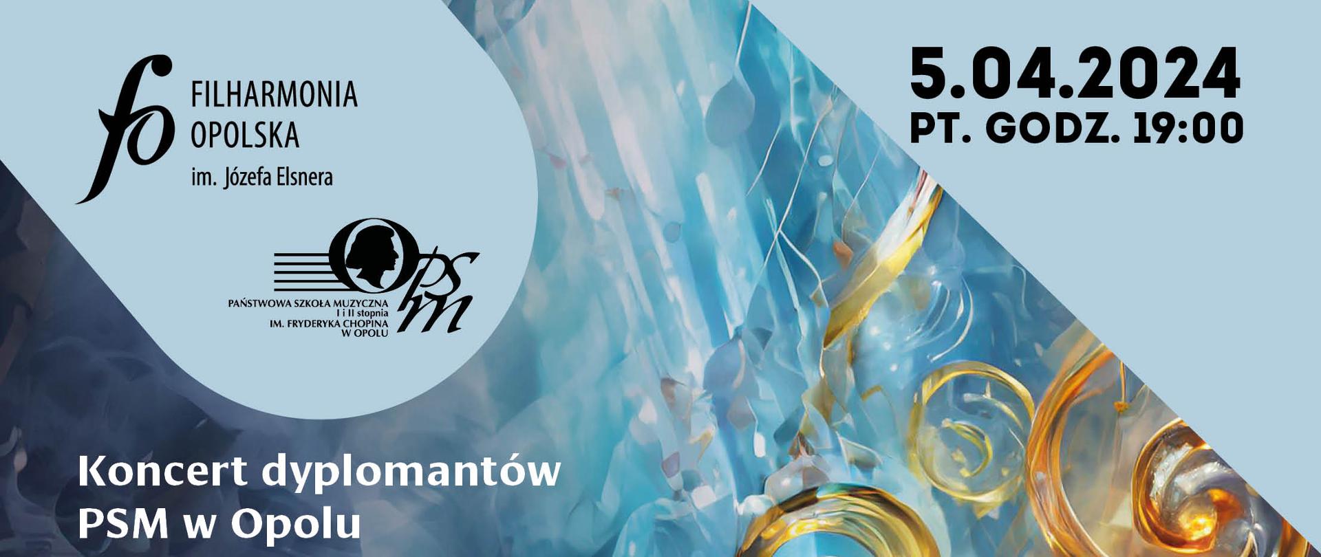 z prawej strony grafika przedstawiająca fortepian, w lewym górnym rogu logo Filharmonii Opolskiej oraz Szkoły Muzycznej w Opolu, w dolnej części loga sponsorów, mecenasów, partnerów oraz partnerów medialnych, całość na wielobarwnym tle