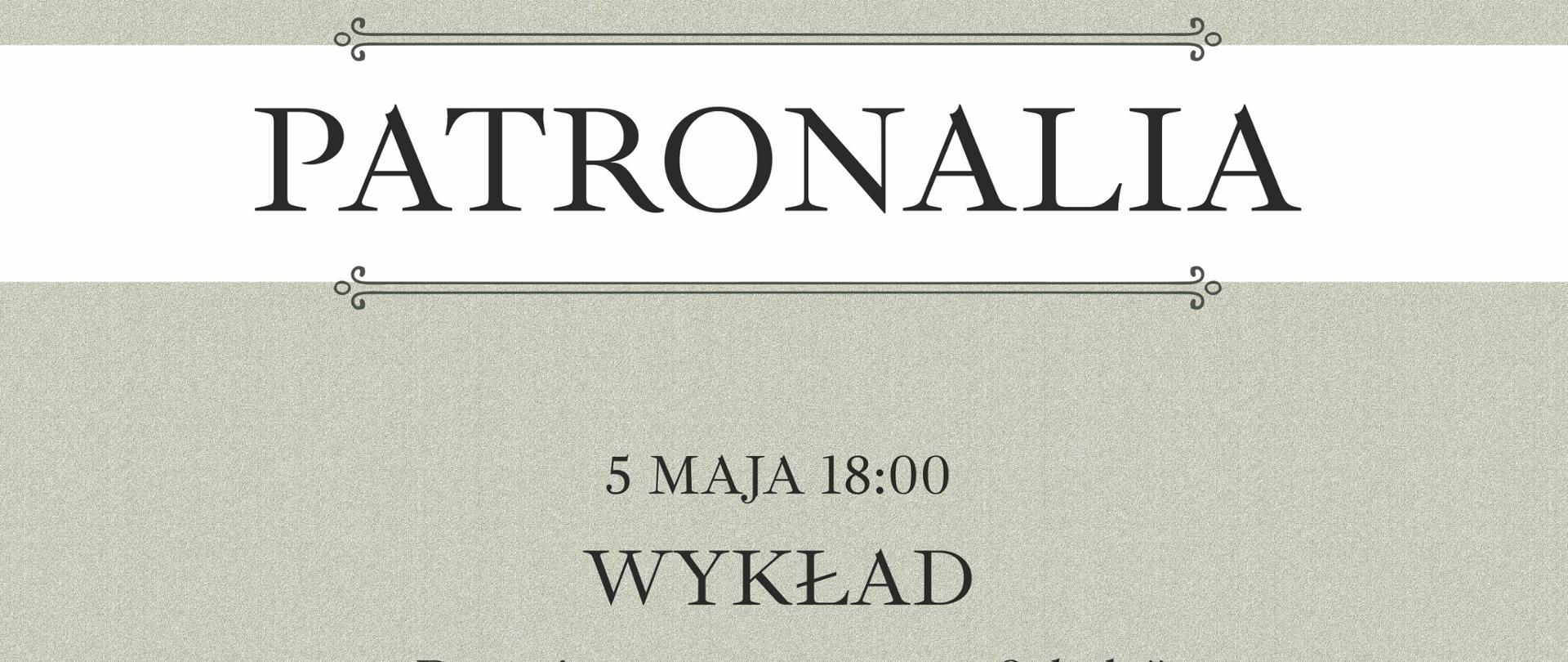 Plakat w orientacji pionowej, utrzymany w eleganckiej, stonowanej stylistyce. Dominują kolory: jasny szarobeżowy (tło o delikatnej, ziarnistej fakturze przypominającej papier), ciemnoszary oraz czarny. Całość ma klasyczny, uroczysty charakter.
W lewym górnym rogu znajduje się logo szkoły – prostokąt w kolorze granatowym z kolorowymi pionowymi paskami stylizowanymi na klawisze oraz nutę, z podpisem szkoły.
Na górze, centralnie, drobnym, eleganckim fontem widnieje napis:
„Państwowa Szkoła Muzyczna I stopnia zaprasza na”
Poniżej, na środku, znajduje się okrągła fotografia w odcieniach sepii przedstawiająca starszego mężczyznę z wąsami i brodą, w okularach, ubranego w formalny strój (marynarka, koszula). To portret patrona szkoły. Na fotografię częściowo nachodzi stylizowany, odręczny podpis:
„Zygmunt Noskowski”
Pod zdjęciem znajduje się cienka, dekoracyjna linia z ozdobnymi elementami po bokach.
W centralnej części plakatu, na szerokim jasnym pasie, umieszczony jest główny tytuł:
„PATRONALIA”
— zapisany bardzo dużą, elegancką czcionką szeryfową w kolorze ciemnoszarym.
Pod tytułem kolejna cienka, dekoracyjna linia symetryczna.
Niżej znajduje się informacja o wydarzeniu:
„5 MAJA 18:00”
— zapisane większą czcionką, wyśrodkowane.
Pod spodem:
„WYKŁAD”
— wyróżniony większą, pogrubioną czcionką.
Następnie tytuł wykładu w cudzysłowie:
„Poznajmy razem patrona Szkoły”
Pod nim mniejszym tekstem:
„poprowadzi Aleksandra Bista”
Niżej kolejna sekcja:
„WYSTĘP CHÓRU”
— zapisany dużą czcionką, ozdobiony po bokach delikatnymi ornamentami roślinnymi.
Pod spodem:
„uczniów PSM I stopnia im. Z. Noskowskiego w Krzeszowicach”
oraz:
„dyryguje Agnieszka Żak”
Dolna część plakatu zawiera szeroki pas graficzny przedstawiający stylizowaną klawiaturę fortepianu – czarno-białe klawisze rozciągające się na całą szerokość plakatu.