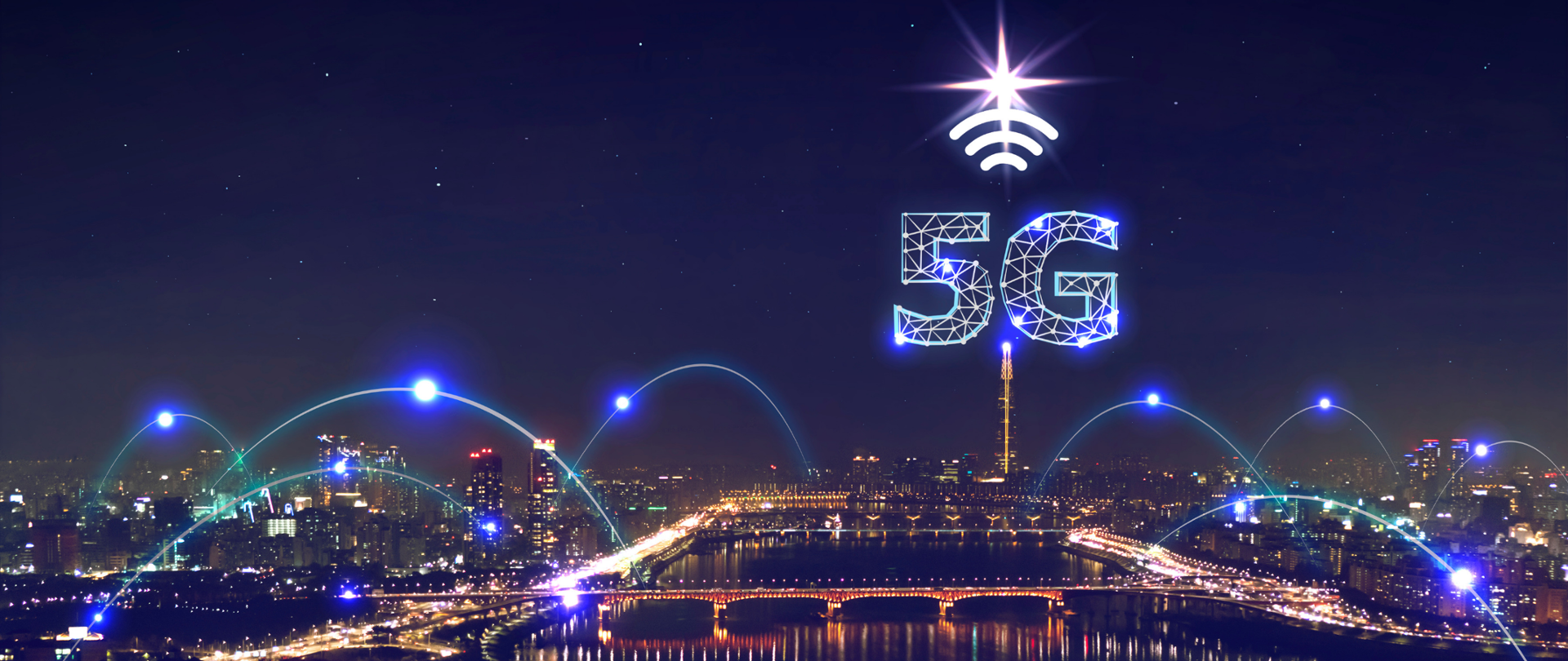 Miasto z dużym neonem 5G - ilustracja