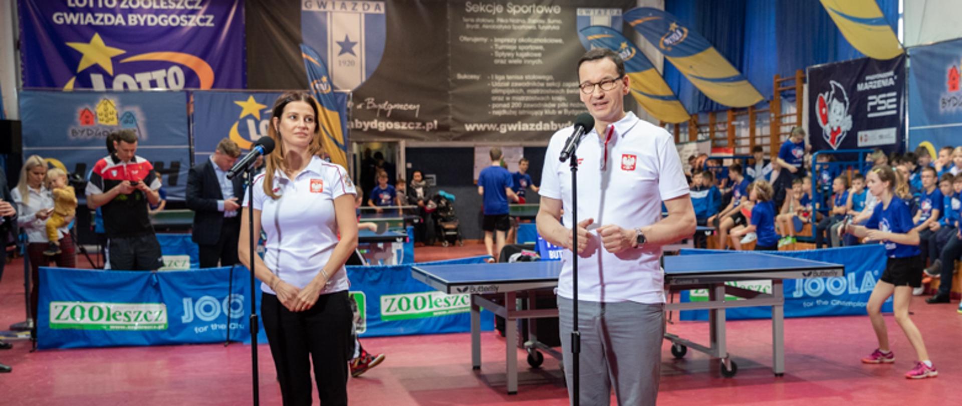 Otwarty trening tenisa stołowego w Bydgoszczy z udziałem Premiera Mateusza Morawieckiego i Minister Danuty Dmowskiej-Andrzejuk