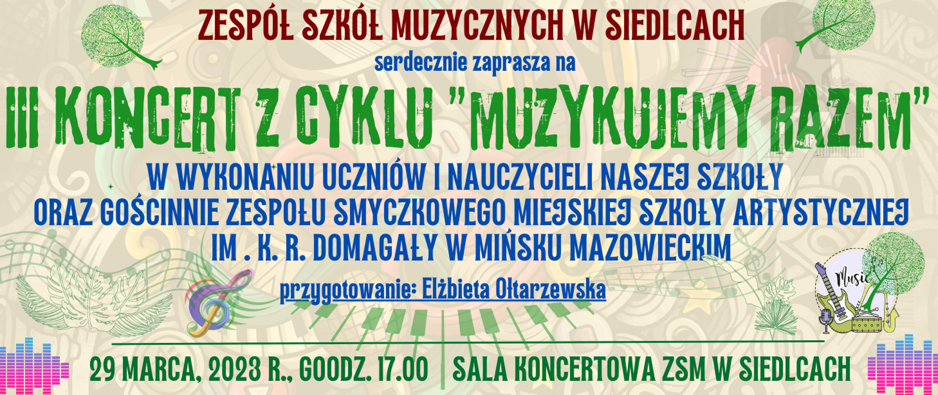transparentne kolorowe tło z muzycznymi elementami, widoczne informacje na temat wydarzenia